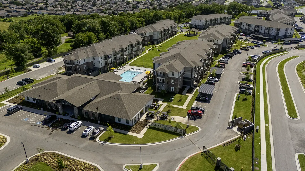 Aerial view of the Park 107 apartment community in Owasso